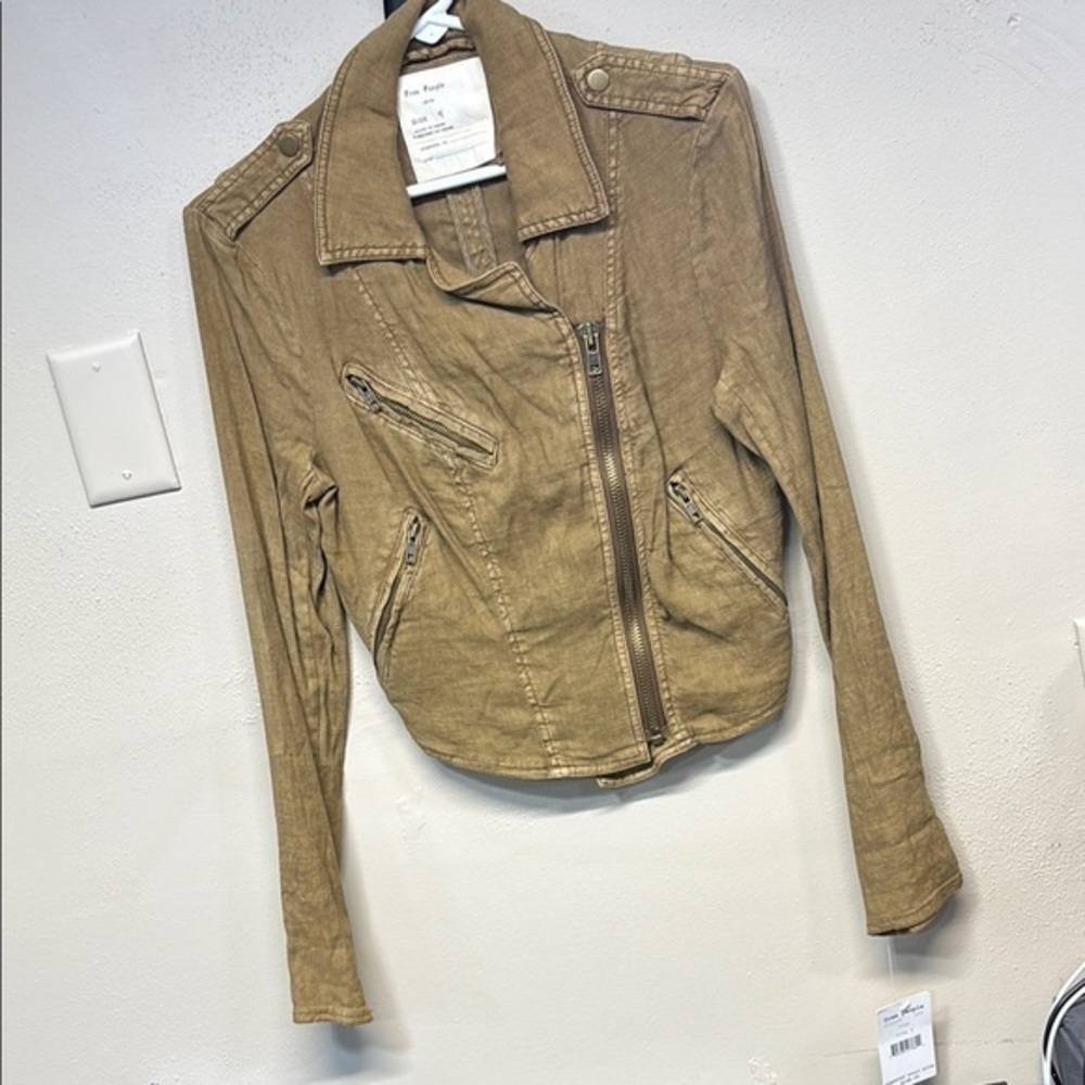 Free people Clay collard full zip up linnen multi pocket coat nwt moto jacket